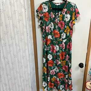 DR2 Pink and Green Floral Flutter Sleeve Midi Sundress
